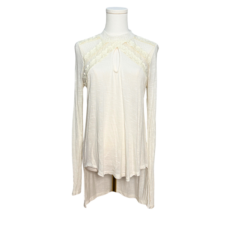 Free People Ivory Lace Long Sleeve Keyhole Neck & Back High Low Top Small